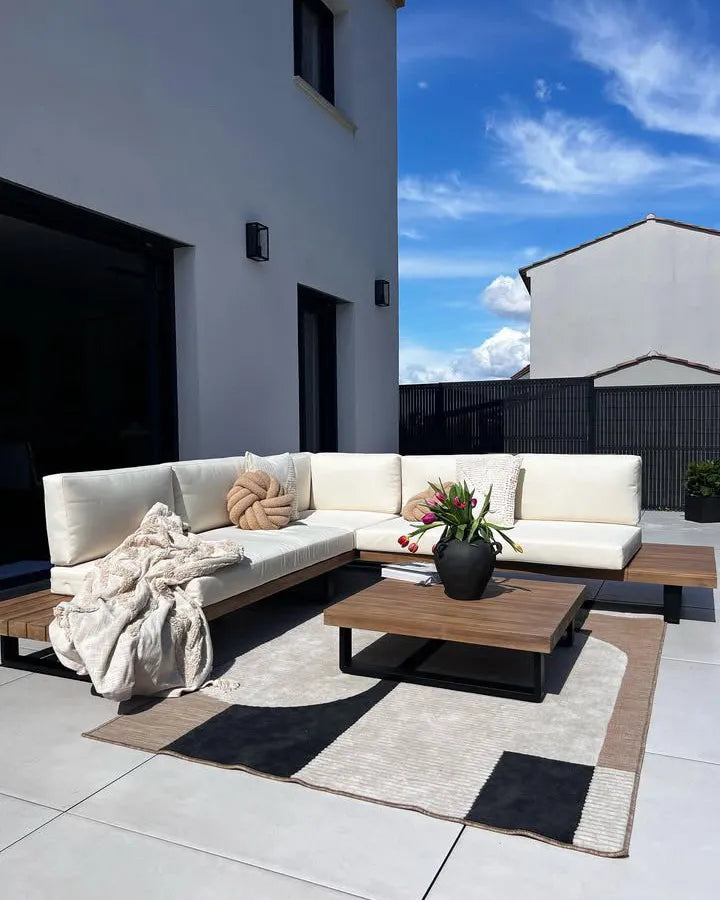 Sofá de jardim de canto com mesa 5 lugares MYKONOS à direita Madeira de Acácia certificada Branco creme
