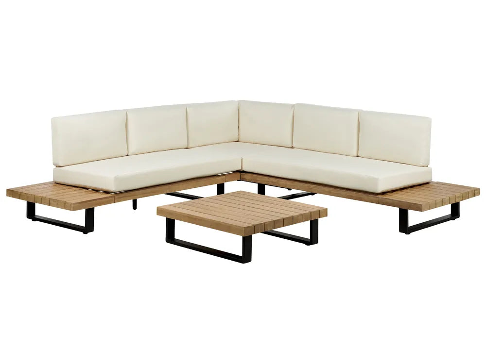 Sofá de jardim de canto com mesa 5 lugares MYKONOS à direita Madeira de Acácia certificada Branco creme