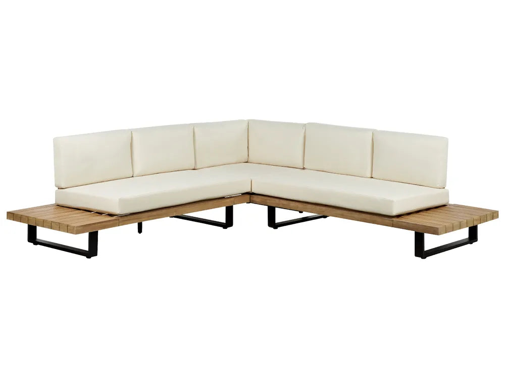 Sofá de jardim de canto com mesa 5 lugares MYKONOS à direita Madeira de Acácia certificada Branco creme